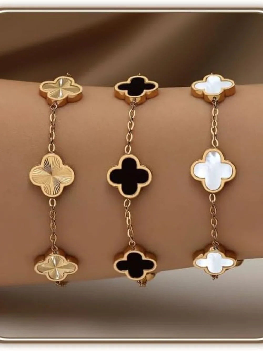 18K Gold Plated Clover Bracelet Set for Women White/Black/Gold/Silver/Green/Pink